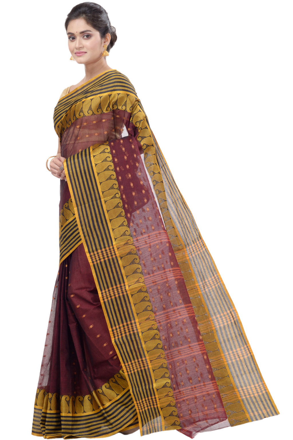Brown Pure Cotton Moti_Buti Tant Saree (747)